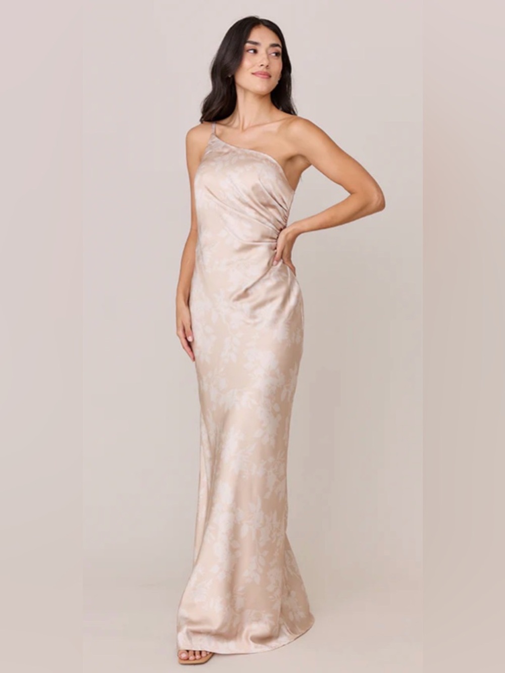 Revelry Jade Satin Champagne Floral Print Dress